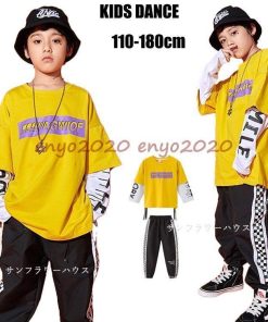 Tシャツ セットアップ 子供 韓国 ダンスウェア ビッグシルエット ヒップホップ キッズ ダンス衣装 団体 ジュニア フェイクレイヤード 重ね着トップス * ドレス、ダンス衣装