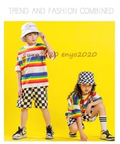 キッズダンス衣装 ヒップホップ Hiphop ジャズダンス セットアップ Tシャツ パンツ ガールズ 男の子 女の子 虹色 2点セット 演出服 練習着 運動会 応援団 子供 * レッスンウエア