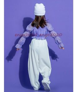 ダンス 衣装 ガールズ キッズ セットアップ へそ出し トップス ロングパンツ パープル ジャズ 韓国 演出服 応援団 応援団 ジャズダン 練習着 ダンス発表会 * レッスンウエア