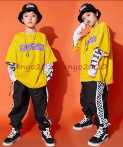 Tシャツ セットアップ 子供 韓国 ダンスウェア ビッグシルエット ヒップホップ キッズ ダンス衣装 団体 ジュニア フェイクレイヤード 重ね着トップス * ドレス、ダンス衣装