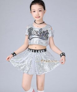 スパンコール セール キッズダンス セットアップ チアダンス スカート ダンス衣装 キラキラ チアガール 女の子 キッズダンス衣装 ヒップホップ * ウエア