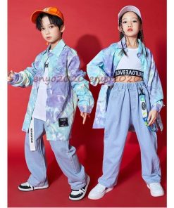 長袖シャツ ステージ衣装 子供 デニムパンツ Hiphop セットアップ 絞り染め キッズダンス衣装 ダンス発表会 練習着 デニム 発表会 ヒップホップ 上下2点セット * レッスンウエア