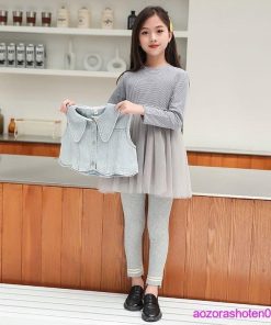 セットアップ キッズ 女の子 3点セット ベスト+ワンピース+レギンス お洒落 上下セット 普段着 通学 長袖ワンピ チュールスカート 110-160 秋着 春着 グレー * 上下セット