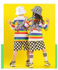 キッズダンス衣装 ヒップホップ Hiphop ジャズダンス セットアップ Tシャツ パンツ ガールズ 男の子 女の子 虹色 2点セット 演出服 練習着 運動会 応援団 子供 * レッスンウエア