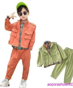 春着 上下セット 110-160 オレンジ 韓国子供服 3点セット チェック柄シャツ+ベスト+カジュアルパンツ グリーン 秋着 男の子 ファッション キッズ セットアップ * 上下セット