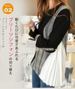 グレンチェック Tシャツ 秋 長袖 シフォン 大きいサイズ サイドプリーツ レディース 異素材切り替え ゆったり カットソー * 長袖