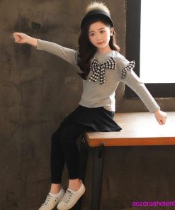 子供服 セットアップ キッズ 女の子 長袖 春秋 上下セット 韓国子供服 Tシャツ 蝶結び 長ズボン キュロット スカート 可愛い おしゃれ お出かけ 通学着 新品 * 長ズボン、ロングパンツ