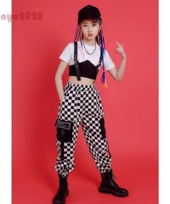 キッズダンス衣装 ヒップホップ セットアップ 韓国 かっこいい 黒 白 カーゴパンツ チェック柄tシャツ へそ出し ステージ衣装 練習着 170 120 ダンス発表会 * レッスンウエア