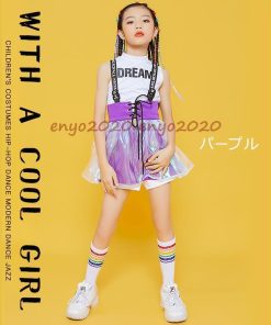 キッズ ダンス衣装 チアガール 上下3点セット ジャズダンス 女の子 スカート 袖なし ヒップホップ 子供 HIPHOP 応援団 4色 演出服 ダンス衣装 * ウエア