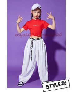 ダンス衣装 キッズ セットアップ ジャズダンス ヒップホップ 女の子 チアガール へそ出し トップス 白パンツ 韓国 かっこいい 発表会 イベント 練習着 * レッスンウエア