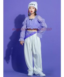 ダンス 衣装 ガールズ キッズ セットアップ へそ出し トップス ロングパンツ パープル ジャズ 韓国 演出服 応援団 応援団 ジャズダン 練習着 ダンス発表会 * レッスンウエア