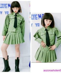 女の子 3点セットグリーン 子供服 キッズ 上下セット 秋 セットアップ スカートセット おしゃれ 110-160 春 シャツ+スカート+ネクタイ 普段着 ファッション * 上下セット