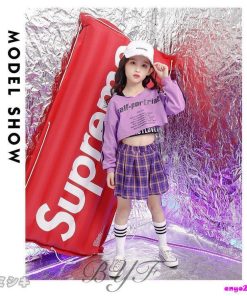 ダンス衣装 ヒップホップ チェック柄 スカート ガールズ キッズチア セットアップ チアガール 女の子 ダンス 衣装 長袖 練習着 体操服 演出服 応援団 * レッスンウエア