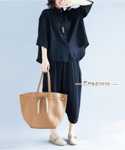 綿麻2点セットPOLOネックシワ加工シャツ＋ポケット付きカジュアルパンツ * セットアップ