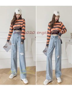 ジーンズ ストレッチ パンツ デニムパンツ ハイウエスト ワイドショー レディース 脚長 デザイン 体型カバー 着痩せ ボトムス 春 ダメージ カジュアル お出かけ * その他スカート、パンツ