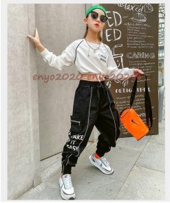 キッズダンス衣装 セットアップ 長袖 Tシャツ ショット丈 カーゴパンツ ヒップホップ 女の子 へそ出し 練習着 演出服 ステージ衣装 韓国 白 黒 緑 かっこいい * レッスンウエア