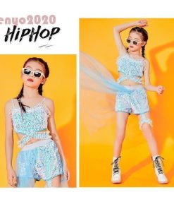 キッズ ダンス衣装 セットアップ スパンコール チアガール ヒップホップ 女の子 トップス ズボン ジャズダンス 子供 発表会 120-170cm 応援団 ステージ衣装 * ウエア