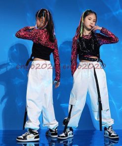 へそ出し キッズ ダンス 衣装 上下3点セットアップ 韓国 ヒップホップ トップス 黒 チアダンス 女の子 チアガール ベスト 柄 長袖 発表会 練習着 体育祭 応援団 * レッスンウエア