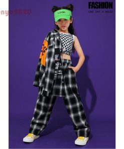 キッズ ダンス衣装 ヒップホップ チェック柄 チェックパンツ タンクトップ トップス 長袖 HIPHOP 子供 女の子 男の子 発表会 レッスン着　 練習着 ジャズダンス * レッスンウエア