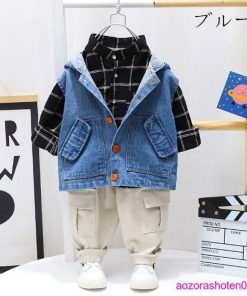 セットアップ 春服 ベビー服 男の子 上下セット 3点セット シャツ+ベスト+パンツ カジュアル キッズ チェック柄 春着 秋着 ブルー ブラック 80 110 100 90 120 * 上下セット