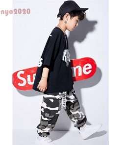 キッズ ダンス衣装 ヒップホップ 子供  HIPHOP  男の子 女の子 迷彩柄 Ｔシャツ 迷彩パンツ ダンストップス 体操服 練習着 ジャズダンス ステージ衣装 * 新体操ウエア