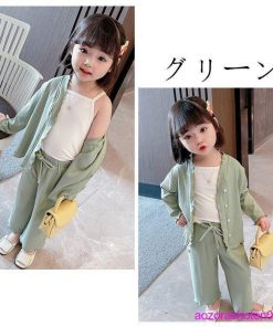 子供服 3点セット キッズ 女の子 セットアップ 上下セット スウィート 幼児 ベビー カーディガン キャミソール パンツ オシャレ 可愛い グリーン ピンク 春夏秋 * 上下セット