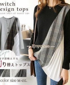 グレンチェック Tシャツ 秋 長袖 シフォン 大きいサイズ サイドプリーツ レディース 異素材切り替え ゆったり カットソー * 長袖