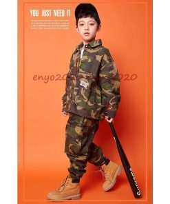 キッズ ダンス衣装 ヒップホップ HIPHOP 子供服 長袖 迷彩 コート へそ出し トップス 迷彩パンツ 男の子 女の子 チアガール ジャズダンス 演出服 練習着 * レッスンウエア