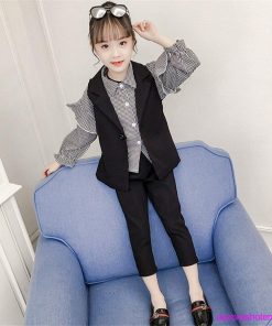 子供スーツ フォーマル 女の子 子供服 セットアップ キッズ おしゃれ 長袖 春秋 秋 3点セット ベスト シャツ 長ズボン チェック柄 可愛い 卒業式 入学式 通学着 * スーツ、ブレザー