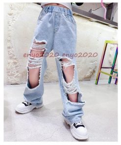 キッズダンス衣装 セットアップ デニムパンツ ヒップホップ ジーンズ ダメージパンツ 女の子 へそ出し トップス 長袖 韓国 かっこいい 黒 110 170 練習着 白 * レッスンウエア