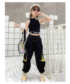 ダンス衣装 キッズ へそ出し タンクトップ パンツ 黒 白 練習着 ヒップホップ ジャズダンス 女の子 韓国 チアガール ステージ衣装 発表会 子供 応援団 演出 * レッスンウエア