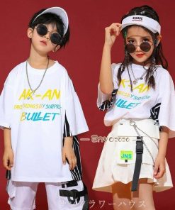 キッズ ダンス衣装 セットアップ ヒップホップ HIPHOP 子供服 トップス Ｔシャツ パンツ スカート 半袖 男の子 女の子 ジャズダンス 演出 チアダンス 練習着 * レッスンウエア