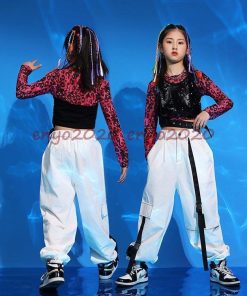 へそ出し キッズ ダンス 衣装 上下3点セットアップ 韓国 ヒップホップ トップス 黒 チアダンス 女の子 チアガール ベスト 柄 長袖 発表会 練習着 体育祭 応援団 * レッスンウエア