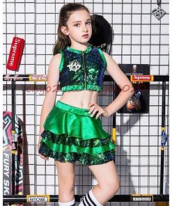 キッズ ダンス衣装 スパンコール キラキラ セットアップ チア チアガール 女の子 へそ出し トップス スカート がルーズ 子供 再登場 ステージ衣装 舞台 応援団 * ウエア