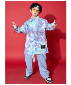 長袖シャツ ステージ衣装 子供 デニムパンツ Hiphop セットアップ 絞り染め キッズダンス衣装 ダンス発表会 練習着 デニム 発表会 ヒップホップ 上下2点セット * レッスンウエア