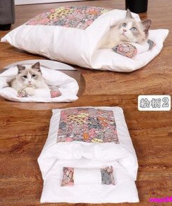 ペットベッド 猫用寝袋 お布団 和風 ぺットクッション ペットマット 取り外し 洗える かわいい ふわふわ 柔らかい 冬用 暖か 枕付 小型犬 小動物用 保温 * ベッド、クッション