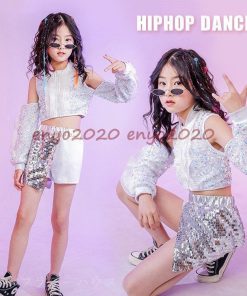 キッズダンス衣装 スパンコール ヒップホップ チアガール 子供 女の子 HIPHOP キラキラ へそ出し 応援団 発表会  演出服 セット販売 ステージ衣装 * レッスンウエア