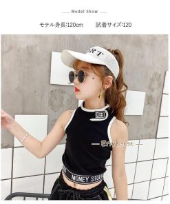 ダンス衣装 キッズ へそ出し タンクトップ パンツ 黒 白 練習着 ヒップホップ ジャズダンス 女の子 韓国 チアガール ステージ衣装 発表会 子供 応援団 演出 * レッスンウエア