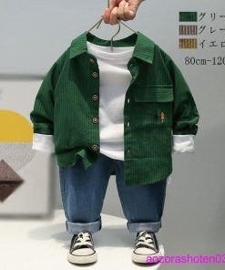 セットアップ 男の子 ベビー 春服 新作 カジュアル シャツ+ジーンズ 2点セット キッズ ボーイズ 上下 春着 秋着 ストライプ柄シャツ 全3色 110 90 100 120 80 * 上下セット