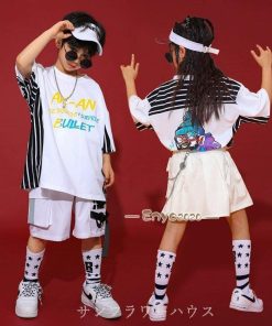 キッズ ダンス衣装 セットアップ ヒップホップ HIPHOP 子供服 トップス Ｔシャツ パンツ スカート 半袖 男の子 女の子 ジャズダンス 演出 チアダンス 練習着 * レッスンウエア