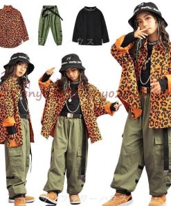 キッズ ダンス衣装 ヒップホップ ヒョウ柄 セットアップ 子供服 HIPHOP シャツ トップス 長袖 パンツ 男の子 女の子 練習着 ジャズダンス ステージ衣装 発表会 * レッスンウエア