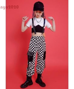 キッズダンス衣装 ヒップホップ セットアップ 韓国 かっこいい 黒 白 カーゴパンツ チェック柄tシャツ へそ出し ステージ衣装 練習着 170 120 ダンス発表会 * レッスンウエア