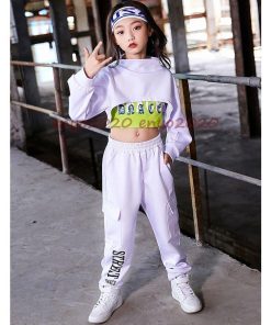 キッズ ダンス衣装 ヒップホップ HIPHOP ダンス トップス へそ出し トップス パンツ ズボン ホワイト 長袖 子供 女の子 ステージ 体操服 練習着 チアガール * レッスンウエア