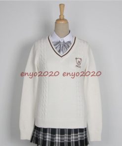 トップス　白いセーター　秋服　カップル　男女兼用　ｖネック　長袖　ニット　スクールセーター　　学生　　クマ　刺繍　JK　女子高校生　 * スクールセーター