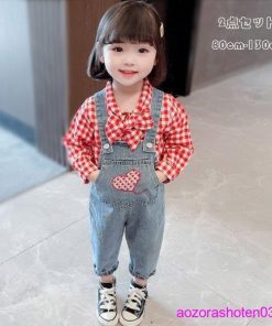 子ども服 セットアップ 可愛い 女の子 幼児 2点セット シャツ+オーバーオール チェック柄 ハート柄 遠足 ベビー キッズ トップス ボトムス 秋 春 80-130 * 上下セット