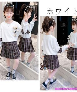 子ども服 セットアップ 可愛い 春服 女の子 上下セット スカートセット スウェット+スカート 2点セット クマ 学生 小学生 上下 春 120-170 ホワイト ピンク 秋 * 上下セット