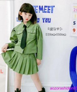 女の子 3点セットグリーン 子供服 キッズ 上下セット 秋 セットアップ スカートセット おしゃれ 110-160 春 シャツ+スカート+ネクタイ 普段着 ファッション * 上下セット