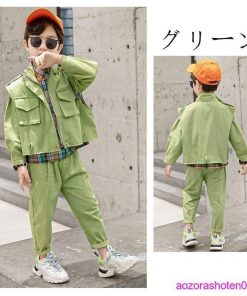 春着 上下セット 110-160 オレンジ 韓国子供服 3点セット チェック柄シャツ+ベスト+カジュアルパンツ グリーン 秋着 男の子 ファッション キッズ セットアップ * 上下セット