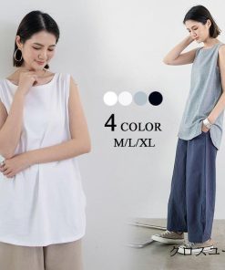 Tシャツ レディース 夏 ベスト 綿 クルーネック カットソー トップス シンプル 透けない おしゃれ コーデ UVカット きれいめ 20代 30代 40代 ゆったり * ノースリーブ