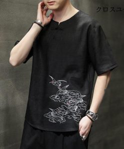 トップス 刺繍 半袖ｔシャツメンズ 大きいサイズ Tシャツ 麻混 夏物 チャイナ服 ブルオーバ 涼しい 鶴柄 * 五分、七分袖